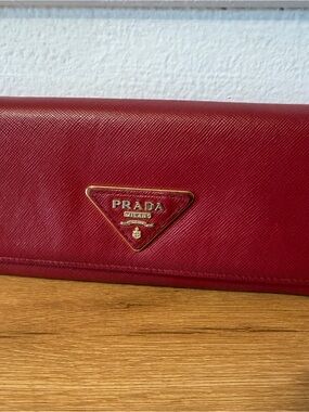 Prada Saffiano Leather Continental Wallet in Deep Red with Gold Logo